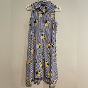 Navy and White Striped Sleeveless Shirt Dress with novelty lemon print.  Size S